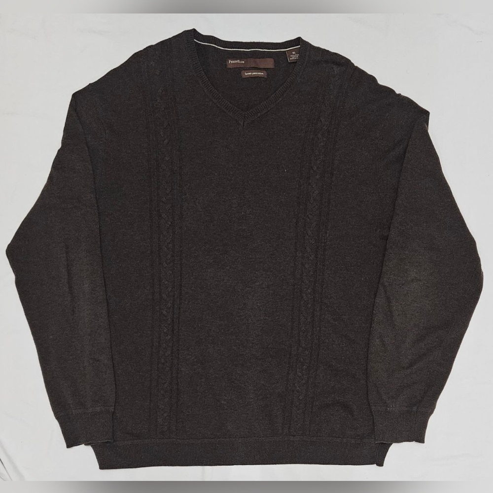 Perry Ellis XL Sweater Men’s Luxury Pima Cotton Brown V-Neck Cable Knit Pullover